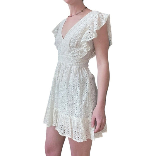 Aqua White Eyelet Lace Embroidered V-Neck A-Line Mini Dress