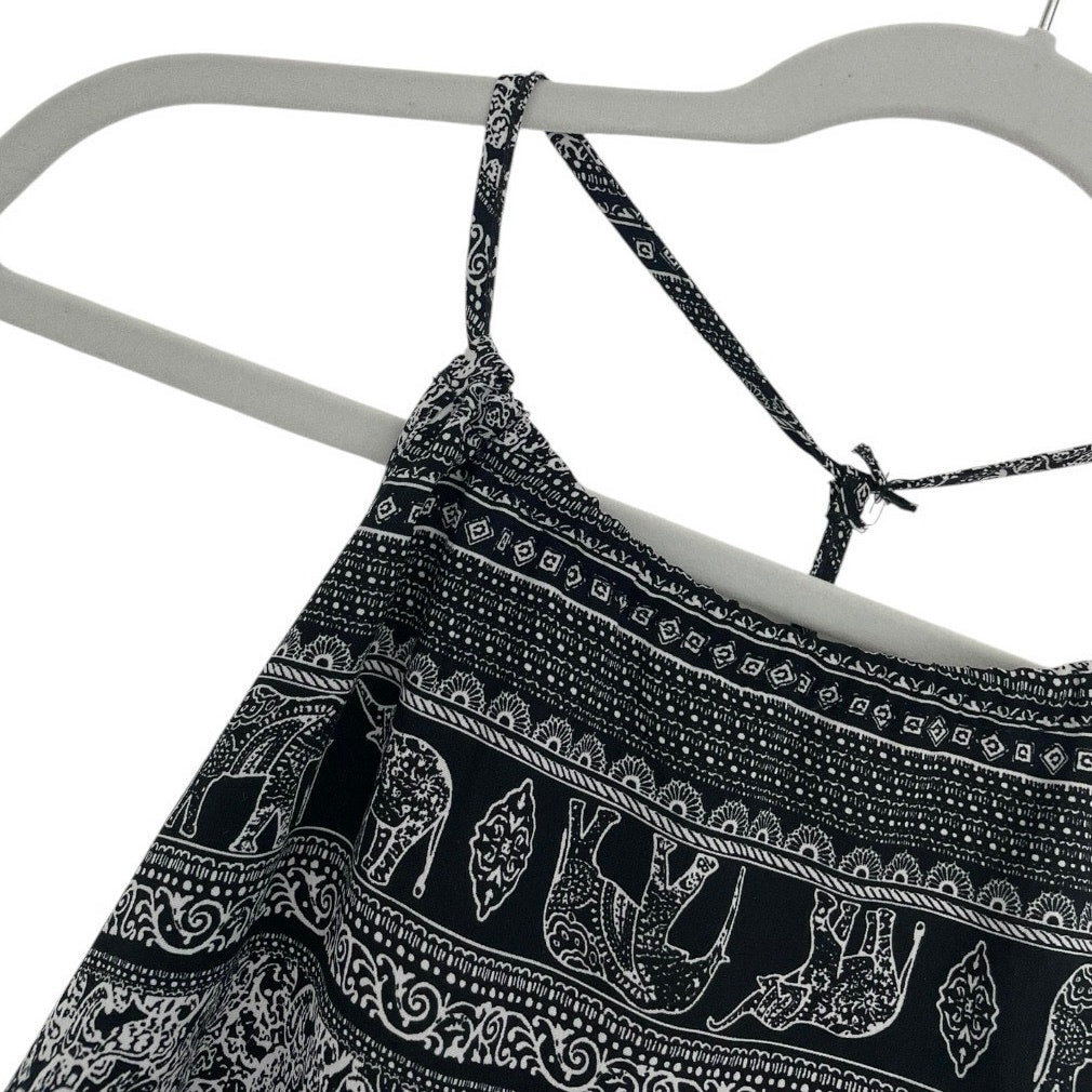 Black & White Boho Elephant Print Lace Trim Tank Top