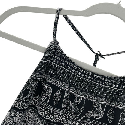 Black & White Boho Elephant Print Lace Trim Tank Top