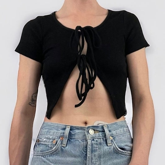 Nasty Gal Black Ribbed Cropped Lace Up Short Sleeve Top