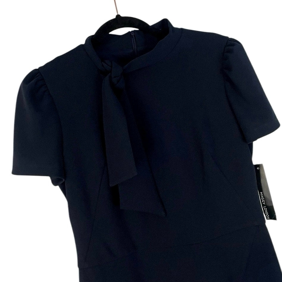 NWT Maggy London Navy Blue Tie Neck Puff Sleeve Scuba Crepe Dress