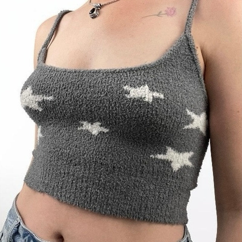 Nue Garage Fuzzy Grey & White Star Print Cropped Knit Tank Top