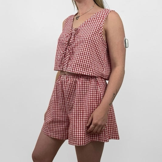Red & White Gingham Tie Front Cropped Top & Mini Shorts Matching Set