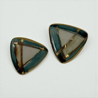 Vintage Teal & Gold Triangle Geometric Stud Earrings