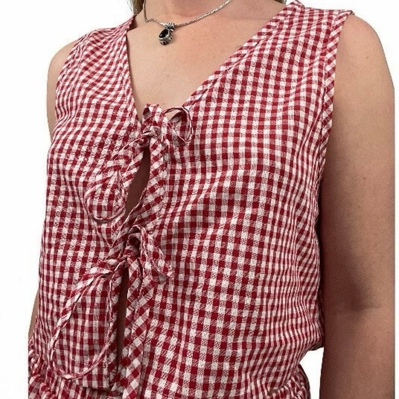 Red & White Gingham Tie Front Cropped Top & Mini Shorts Matching Set
