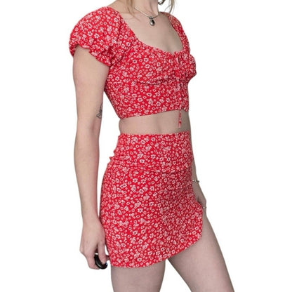Sundae Muse. Red Floral Matching Mini Skirt & Cropped Blouse Set