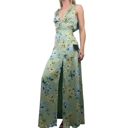 Lulus Silky Sage Green & Blue Floral Side Slit Plunge V-Neck Maxi Dress
