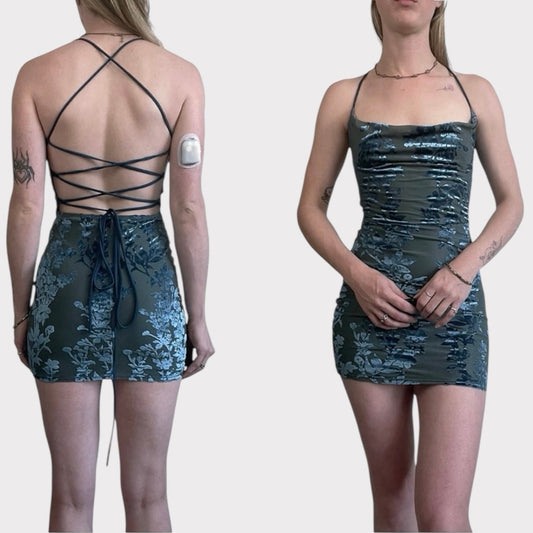Lucy In The Sky Blue Floral Velvet Lace Up Cross Back Mini Dress