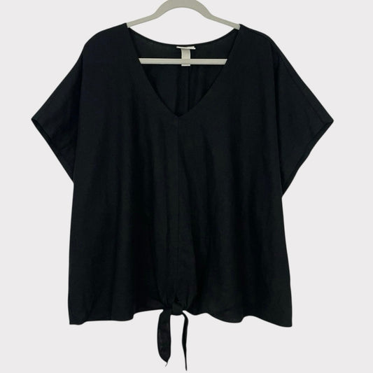 Ava & Viv Black V-Neck Short Sleeve Tie Blouse