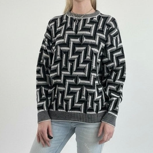 AREA Vintage Black & Grey Geometric Knit Crewneck Sweater