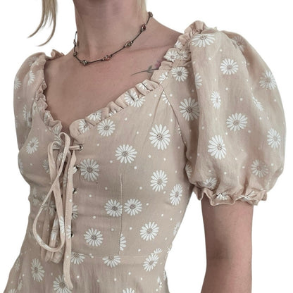 Nasty Gal Nude Floral Puff Sleeve Lace Up Front A-Line Mini Dress