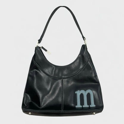 Black Vinyl Faux Leather Blue M Shoulder Bag