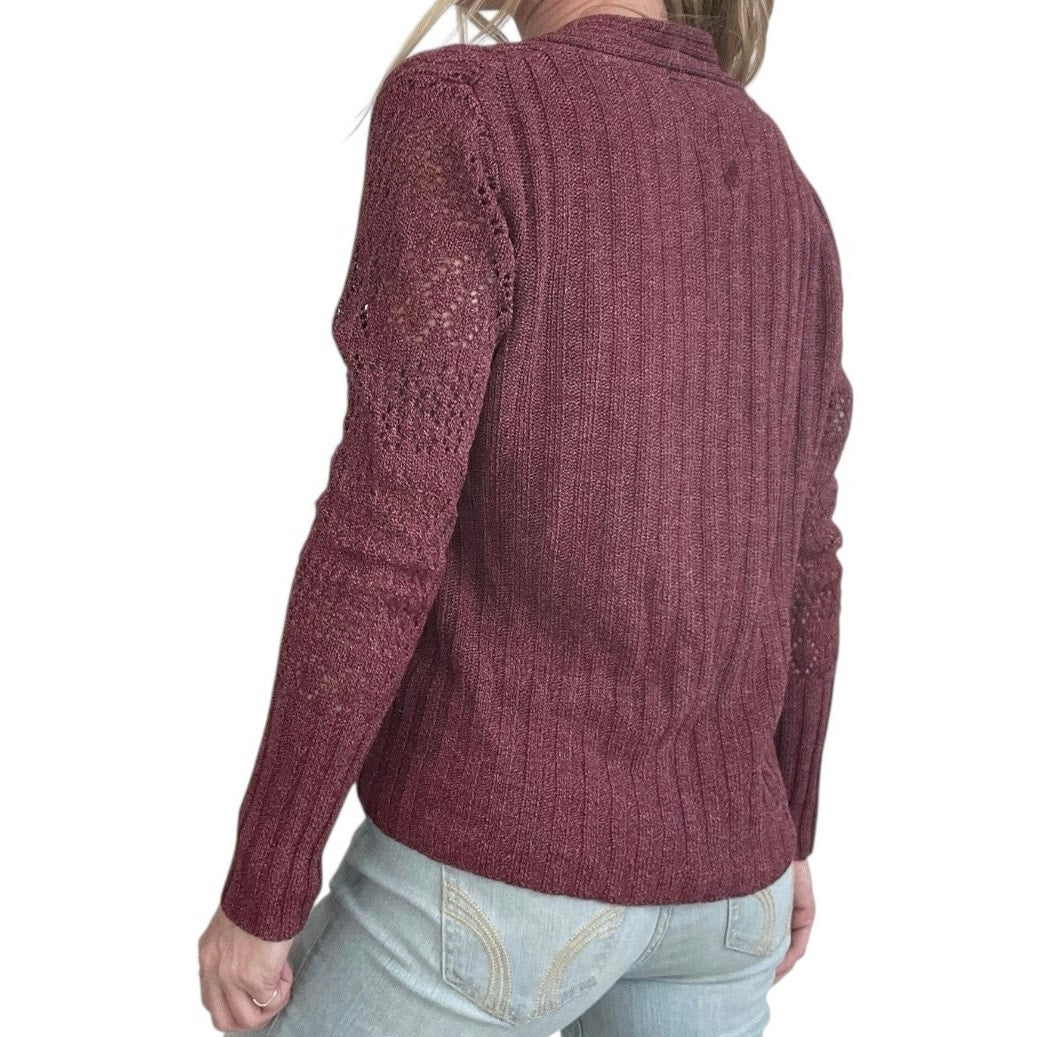 Axcess Maroon Sheer Boho Loose Knit V-Neck Ribbed Sweater