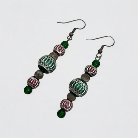 Vintage Red & Green Christmas Ornament Beaded Earrings