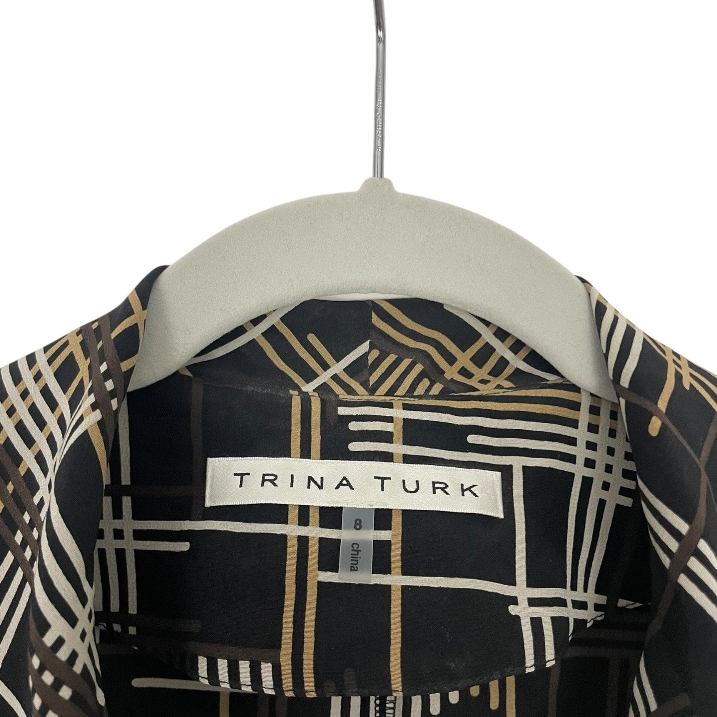 Trina Turk Black & Brown Silk Long Sleeve Button Down Tie Neck Blouse