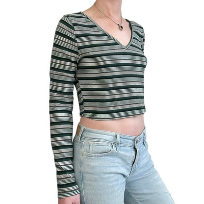 SHEIN Green Striped Cropped V-Neck Ribbed Long Sleeve Top