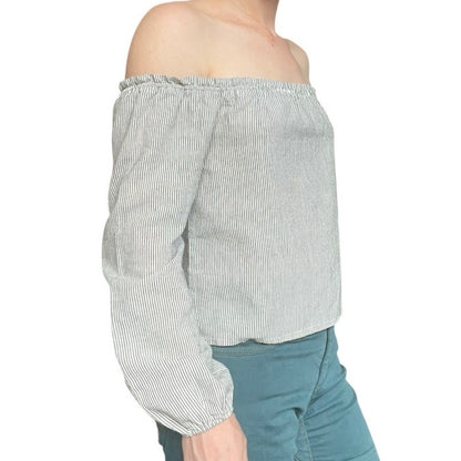 Brandy Melville Grey & White Pin Striped Off the Shoulder Puff Sleeve Blouse