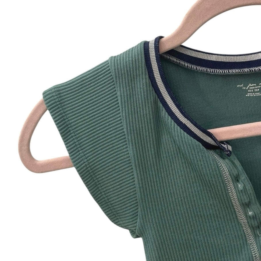 Out From Under Green Ribbed Cropped Short Sleeve V-Neck Top