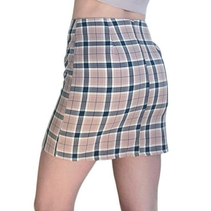 Nasty Gal Light Pink & Blue Plaid Mini Pencil Skirt