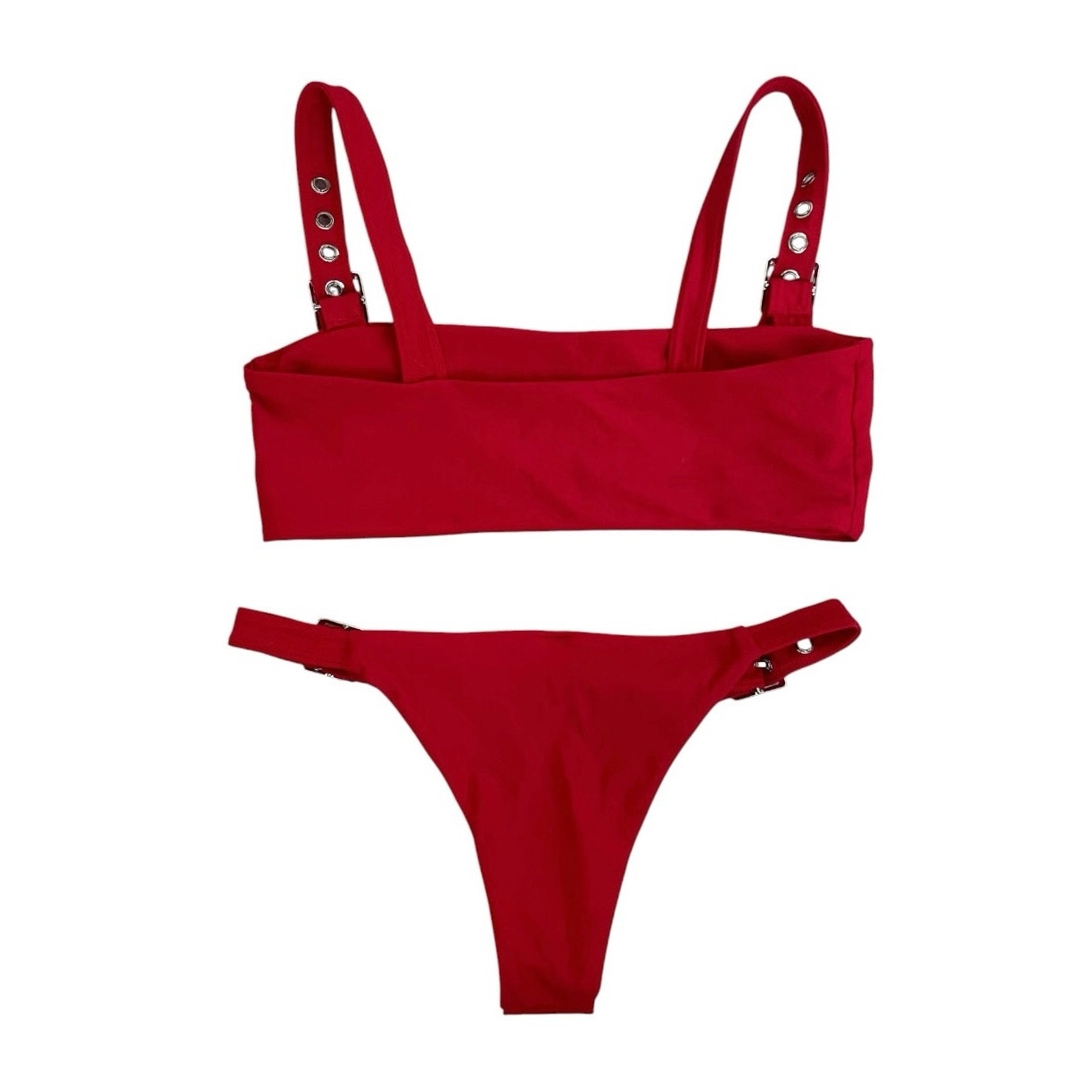 Red Buckle Grommet Cheeky Bikini Set