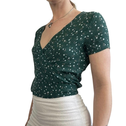 Brandy Melville Green Floral V-Neck Wrap Top