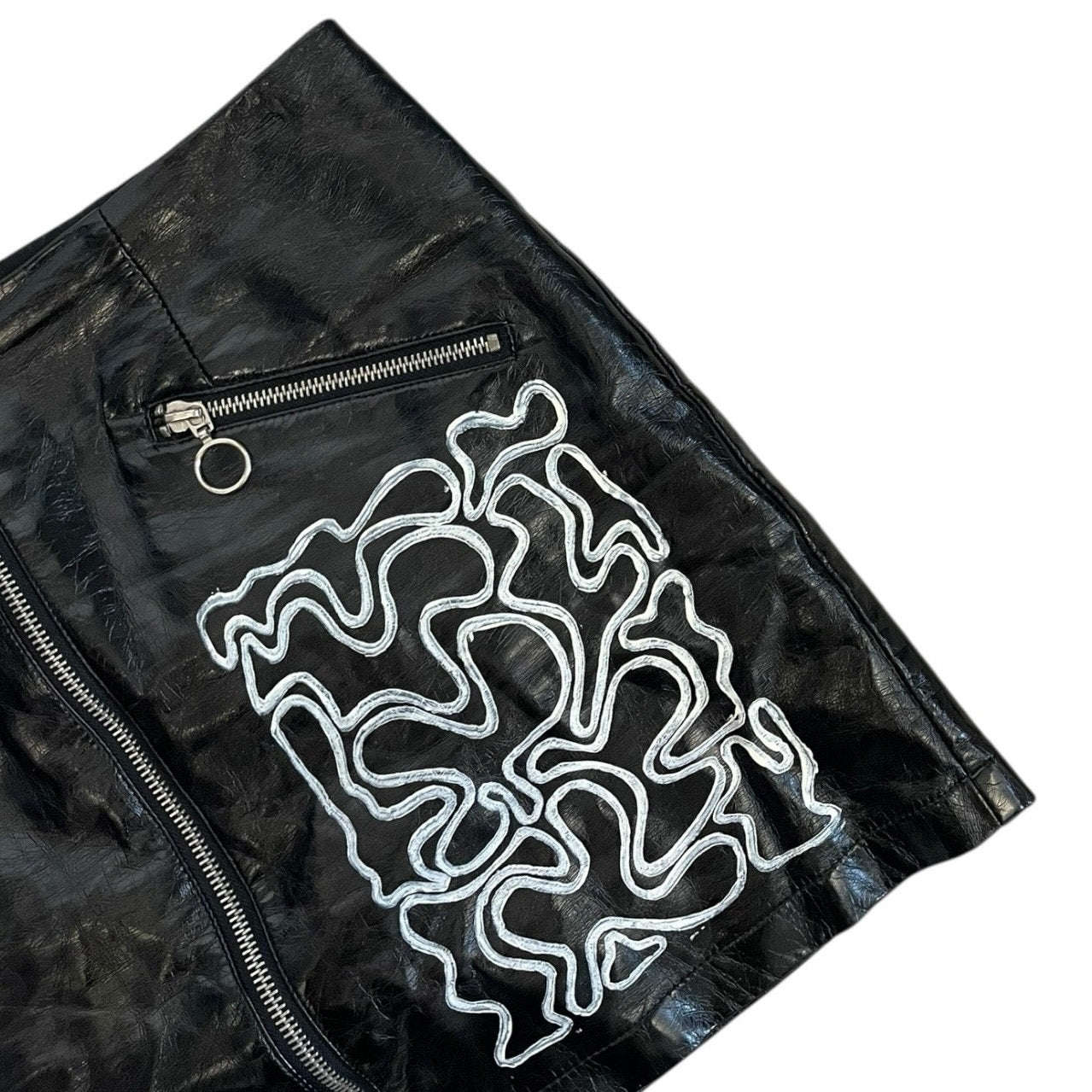 Faux Leather Black & White Hand Painted Abstract Y2K Zip Up Mini Skirt
