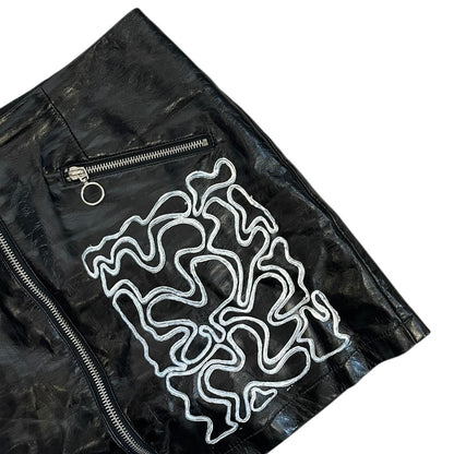 Faux Leather Black & White Hand Painted Abstract Y2K Zip Up Mini Skirt