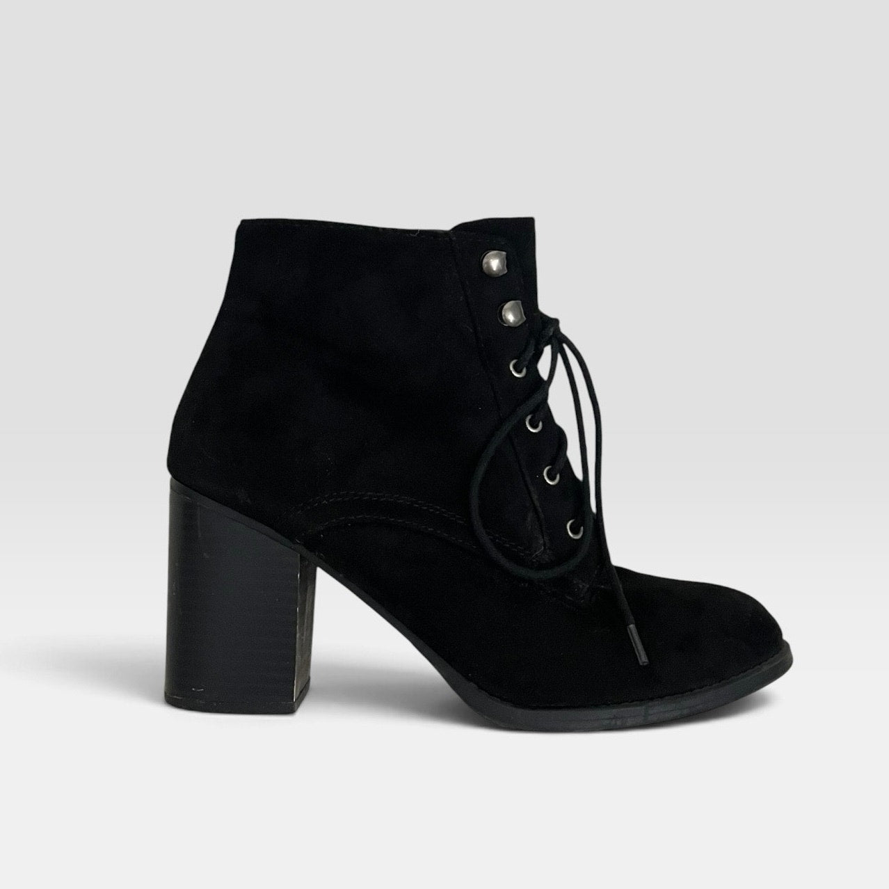 Soda Black Faux Suede Block Heel Lace Up Ankle Boots
