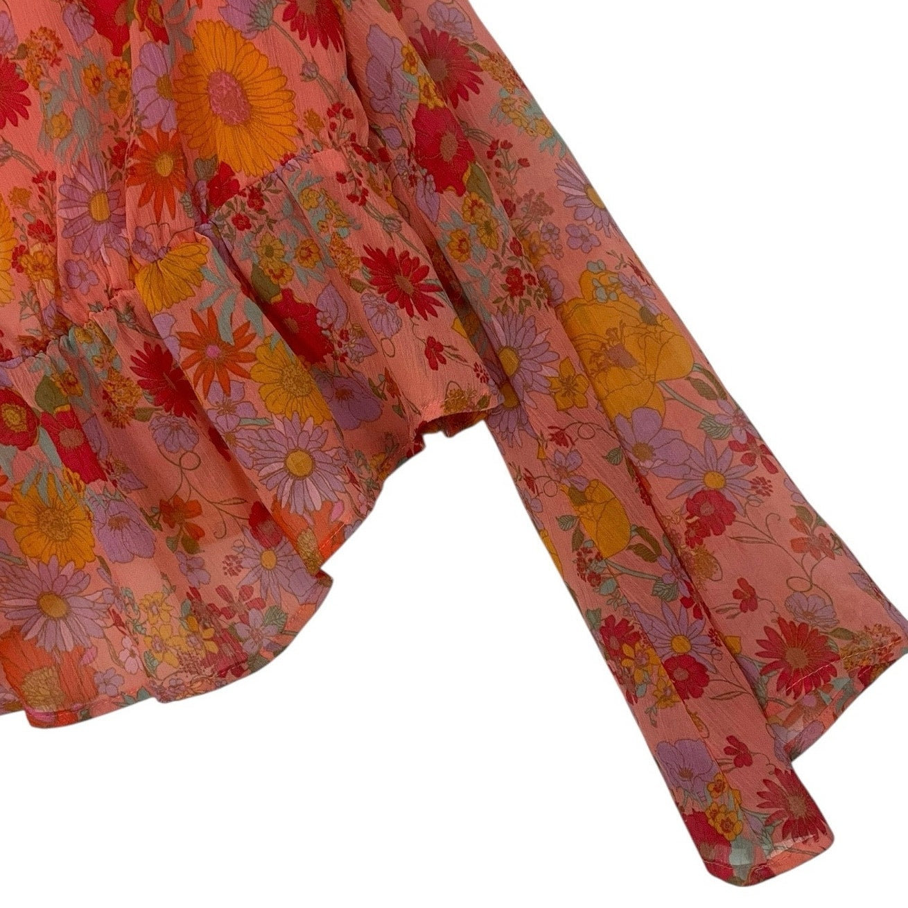 Wild Fable Sheer Orange Floral Long Bell Sleeve Tie Front Blouse