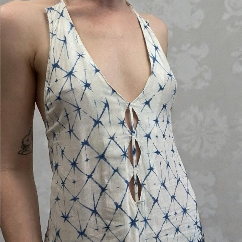 Desigual White & Blue Boho Halter Cross Open Back Side Slit Maxi Dress