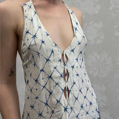 Desigual White & Blue Boho Halter Cross Open Back Side Slit Maxi Dress