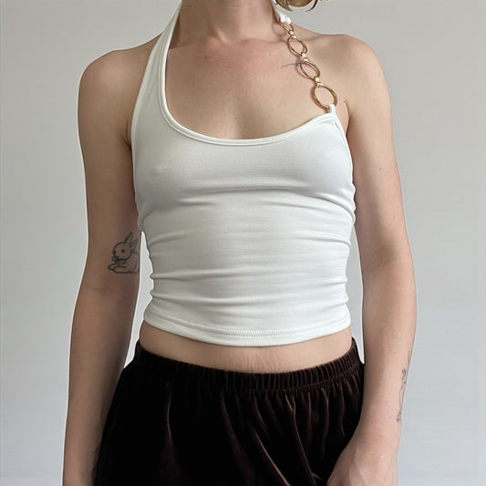 SHEIN White One Shoulder Gold Chain Strap Halter Neck Cropped Top