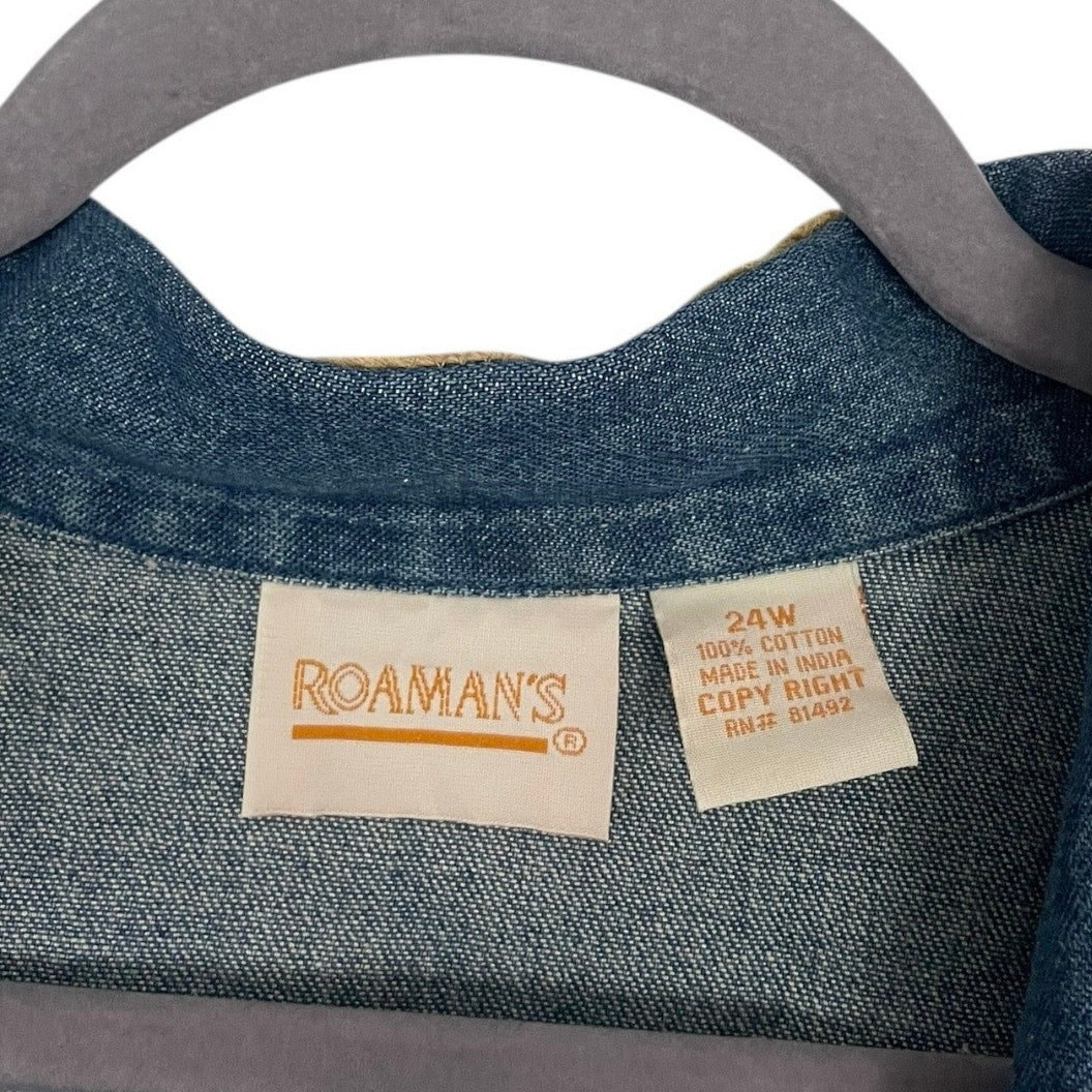 Roaman's Vintage Denim Western Boots Embroidered Button Down Jacket
