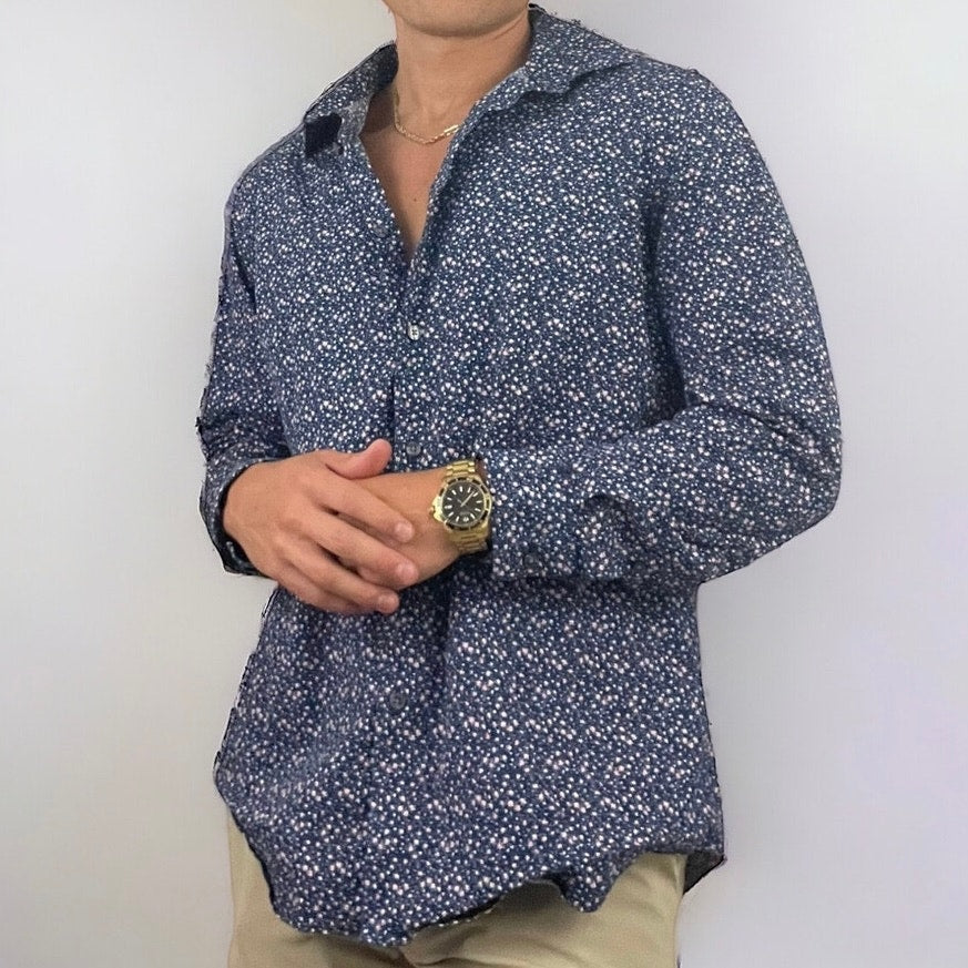 Apt. 9 Mens Blue Floral Premier Flex Slim Fit Long Sleeve Button Down Shirt