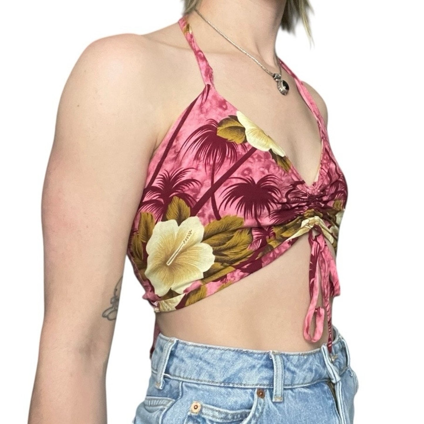 Hibiscus Collection Hawaii Tropical Floral Halter Neck Open Tie Back Cropped Top