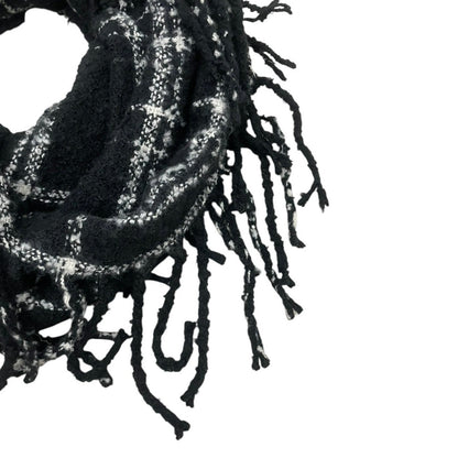 Black & White Plaid Fringe Knit Infinity Scarf