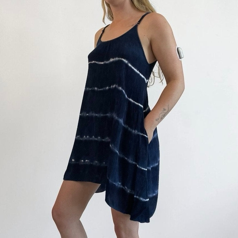 Navy Blue & White Tie Dye Striped Mini Dress
