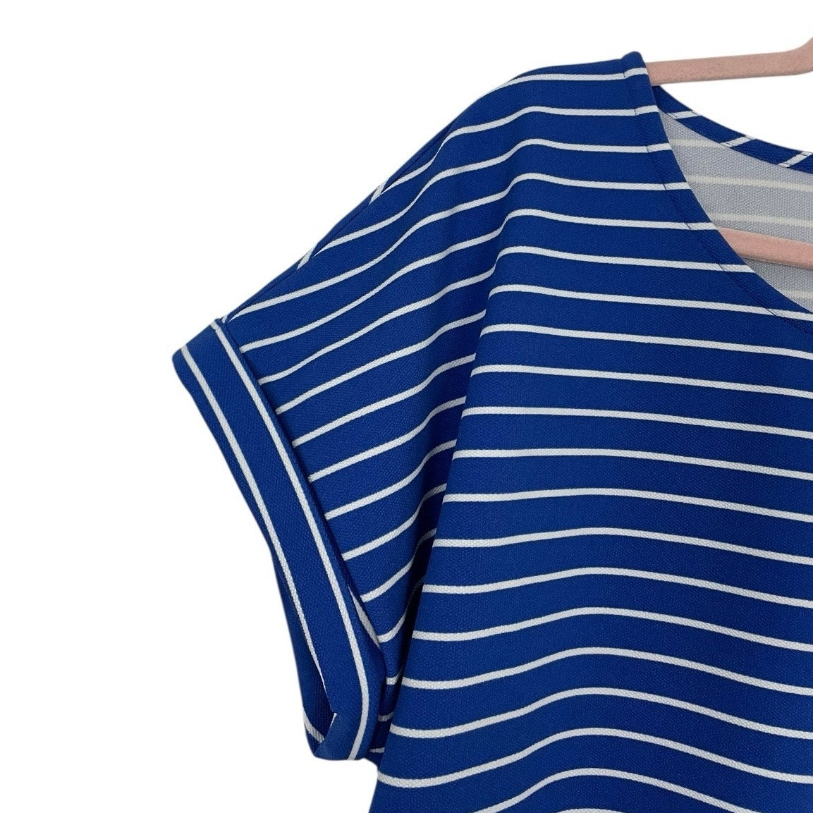Jones New York Blue & White Striped Short Cuffed Sleeve Blouse