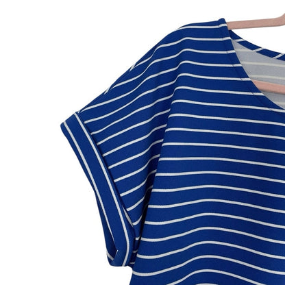 Jones New York Blue & White Striped Short Cuffed Sleeve Blouse