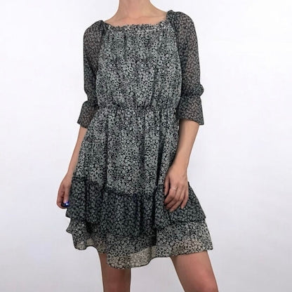 LOFT Black & Black Floral Layered Half Sleeve A-Line Mini Dress