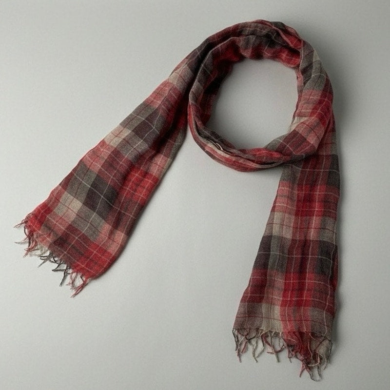 Red & Grey Soft Plaid Fringe Scarf