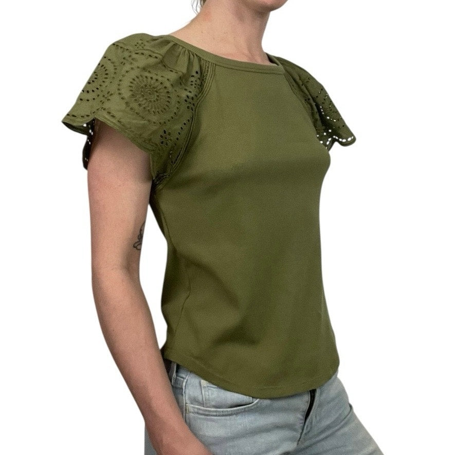 LOFT Olive Green Short Eyelet Puff Sleeve Ribbed Blouse