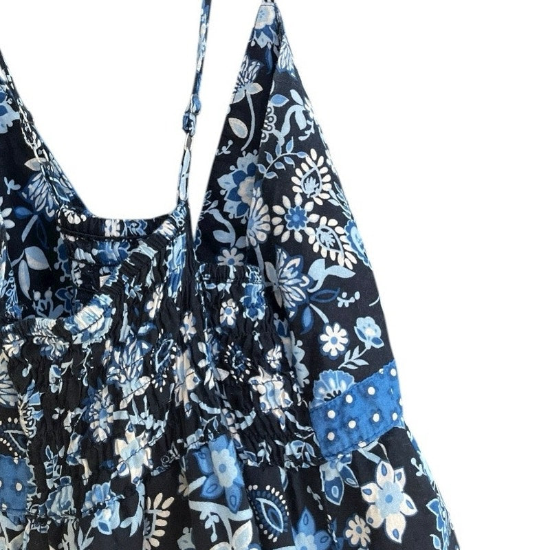Mossimo Supply Co Blue & Black Floral Boho V-Neck Open Cross Back Dress