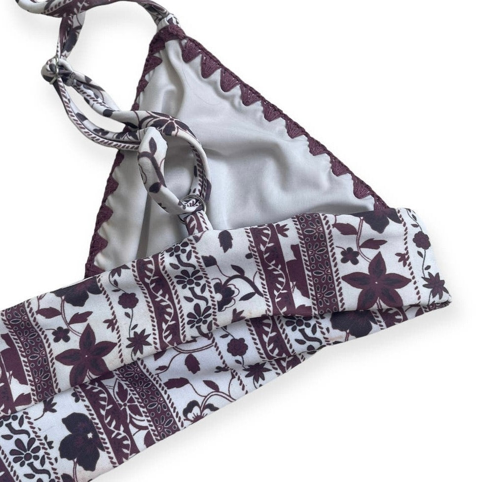 Boho Purple and White Embroidered Trim Triangle Bikini Top