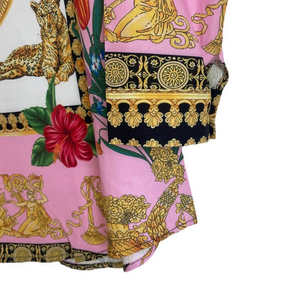 Beautiful Oriental Print Pink Tiger Long Sleeve Button Down Blouse