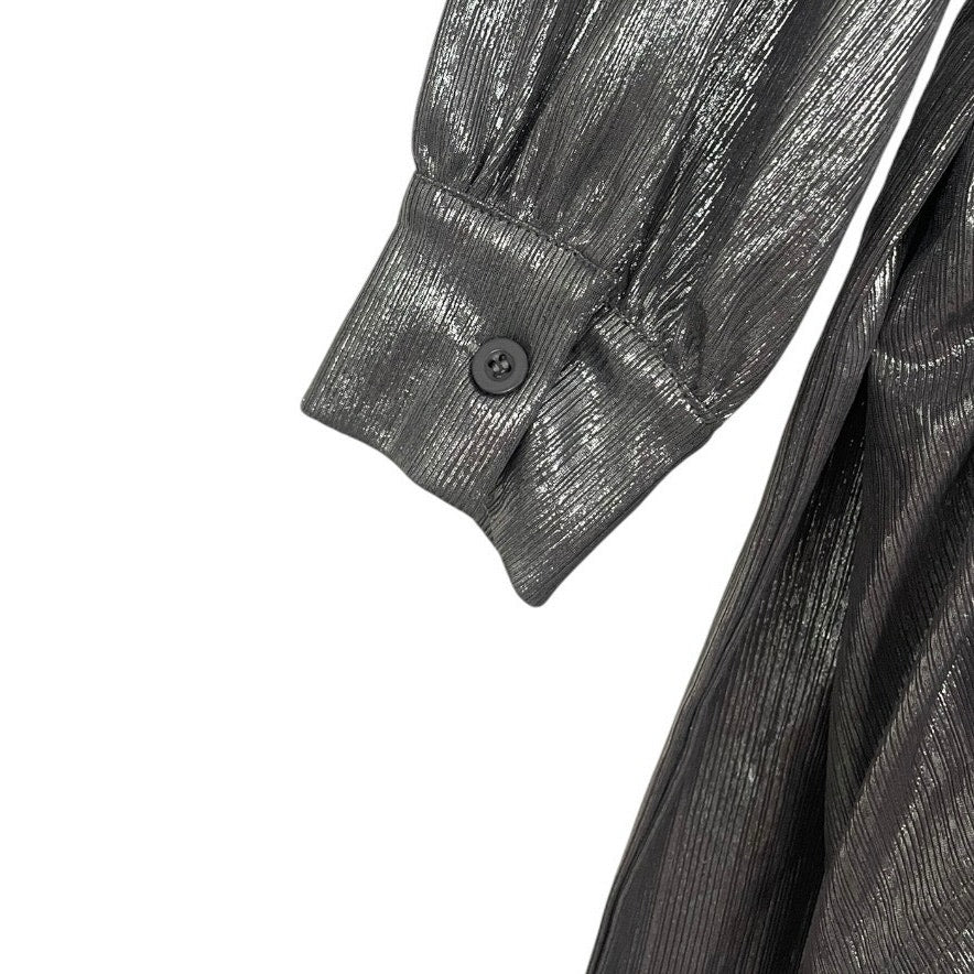 Silver Metallic Draped Long Sleeve Plunge Neck Mini Dress