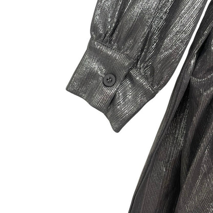 Silver Metallic Draped Long Sleeve Plunge Neck Mini Dress