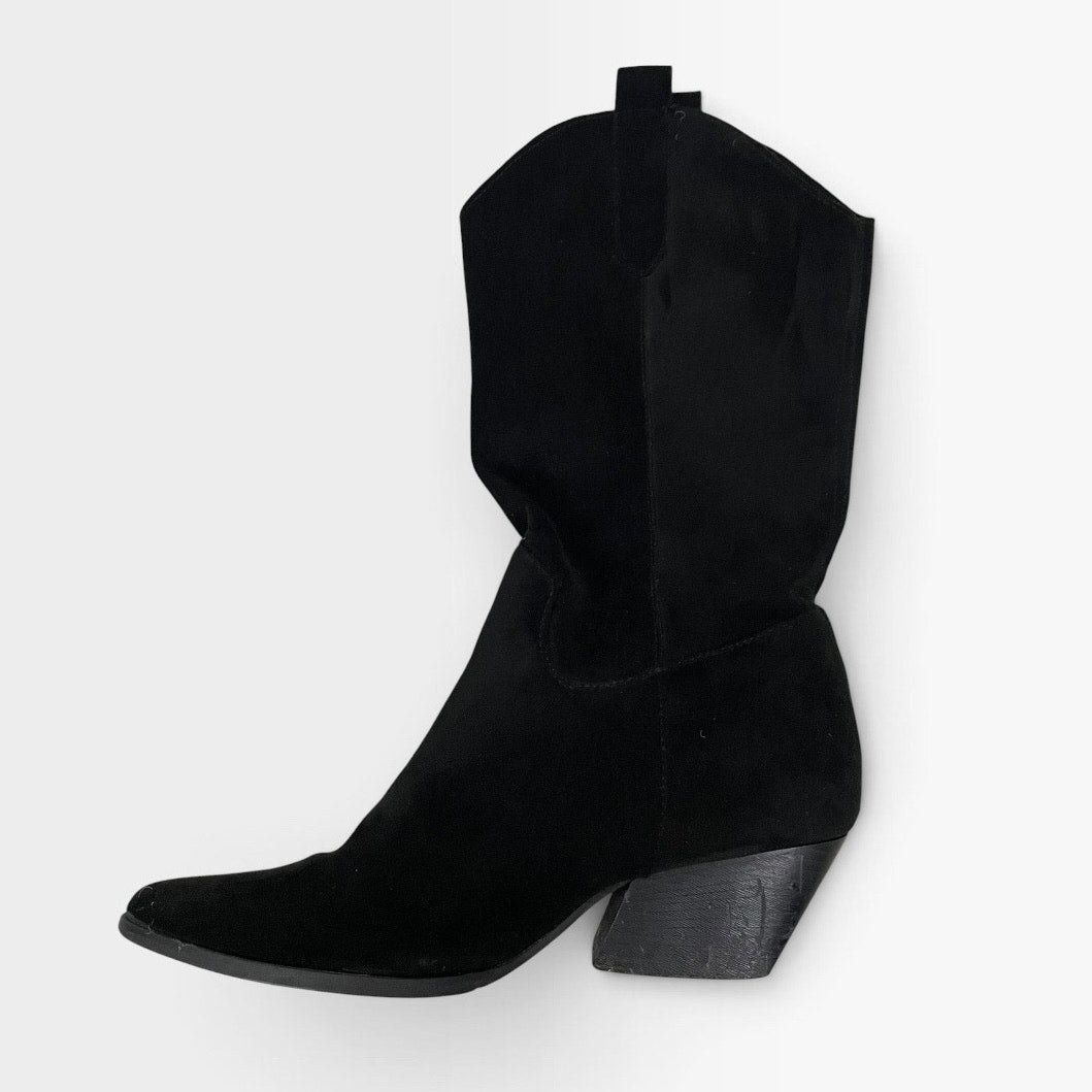 Black Faux Suede Pointed Toe Mid-Calf Heeled Boots