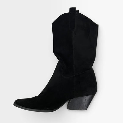 Black Faux Suede Pointed Toe Mid-Calf Heeled Boots