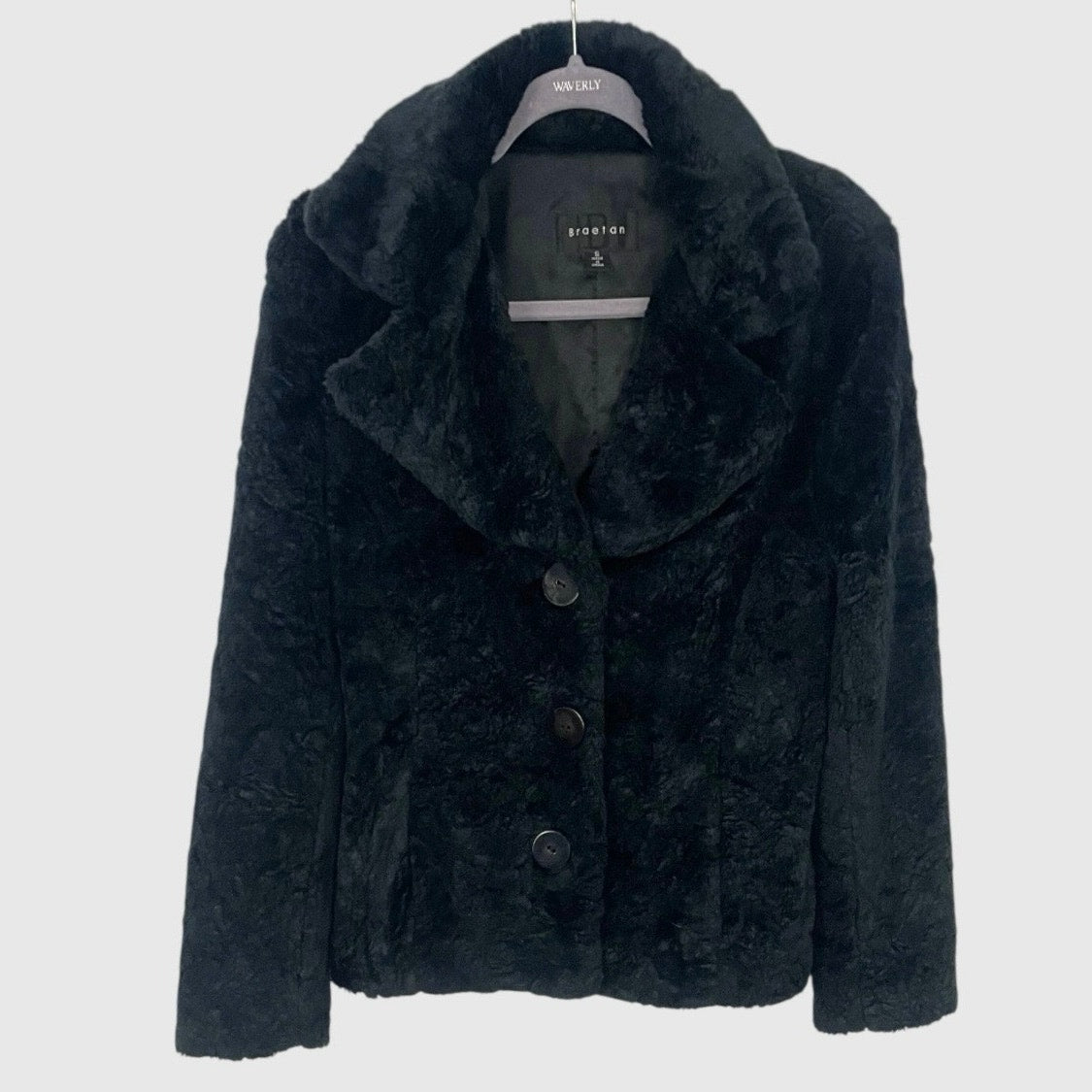 Braetan Vintage Black Fluffy Faux Fur Button Down Coat